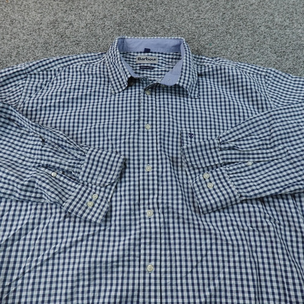 Barbour Shirt Mens 2XL Blue‎ Seeersucker Long Sleeve Button Up Preppy Casual Top